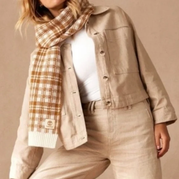 NWT Timberland cream and tan plaid scarf - Picture 1 of 8